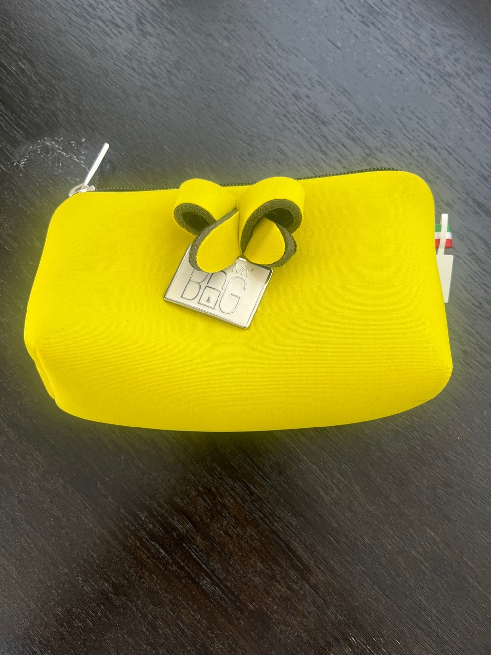 Save My Bag Bright Yellow Neoprene Pouch with Bow Accent NWT